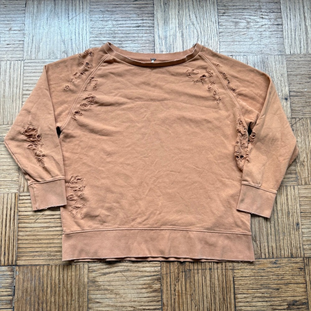 Free People Crewneck Sweatshirt Men's Tan Brown Pullover Distressed Frayed - M